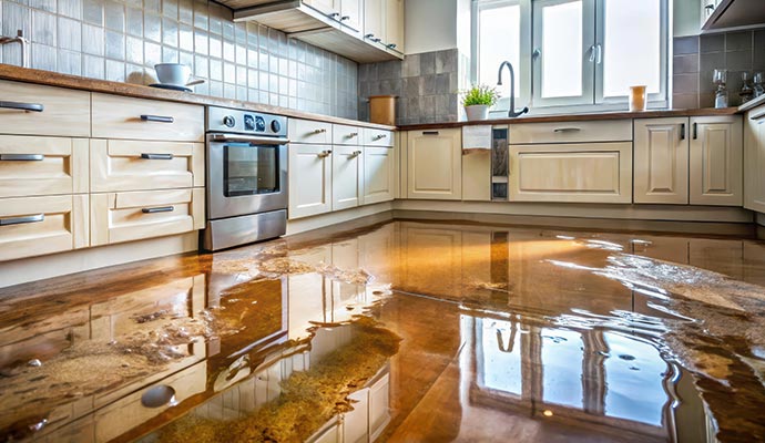A kitchen with cream-colored cabinets and stainless steel appliances, showing significant standing water flooding the entire hardwood floor