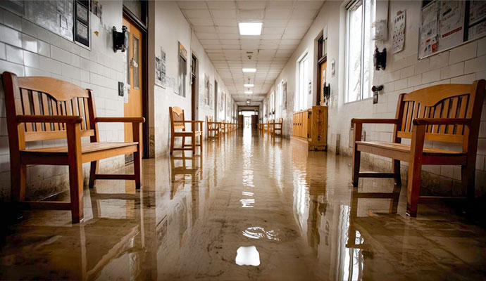 Flooded school hallway with standing water on the floor