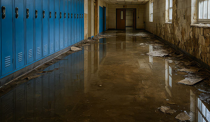 Flooded school hallway with lockers and water damage