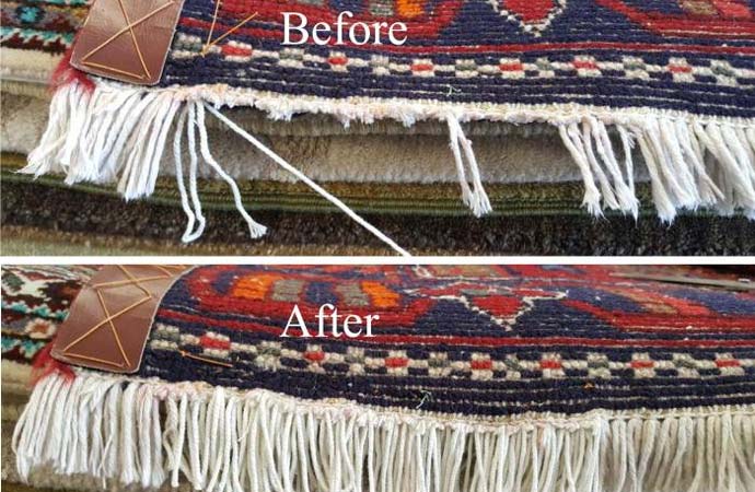 Rug fringe before after being repaired
