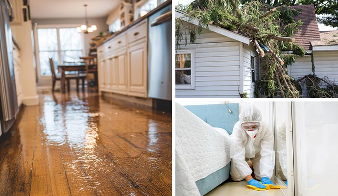 Collage of severe residential property damage and cleanup