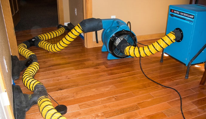 Industrial drying equipment with yellow hoses on hardwood floors