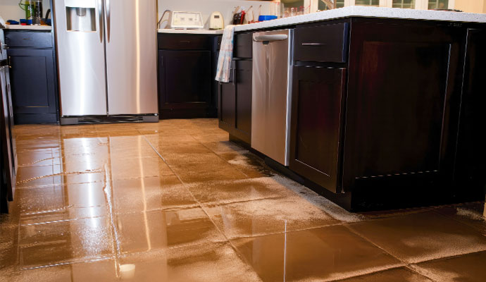 Kitchen floor covered in standing water from plumbing leak