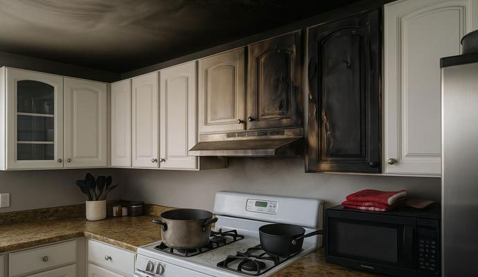 Kitchen with fire and soot damage on cabinets
