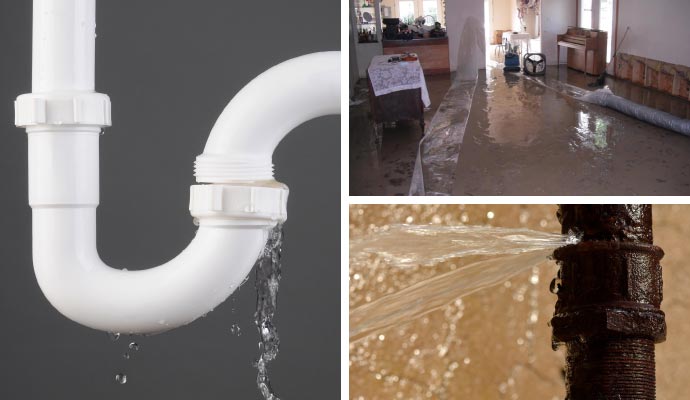 Collage of a leaking pipe, indoor flooding, and a rusty pipe spraying water