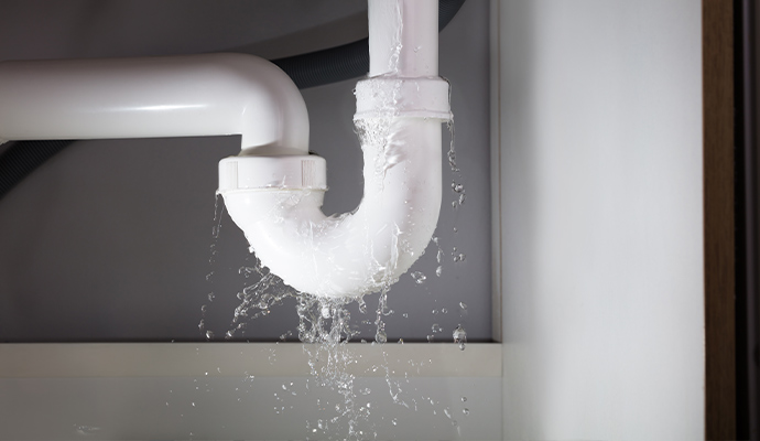 Leaking white PVC sink trap spraying water under a cabinet