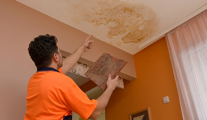 Man pointing at a ceiling water stain while holding a roof tile