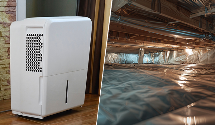 Collage of dehumidifier and encapsulated crawl space Collage of dehumidifier and encapsulated crawl space