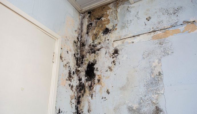 Black mold around ceiling and door frame Black mold growth in the corner where ceiling meets door frame