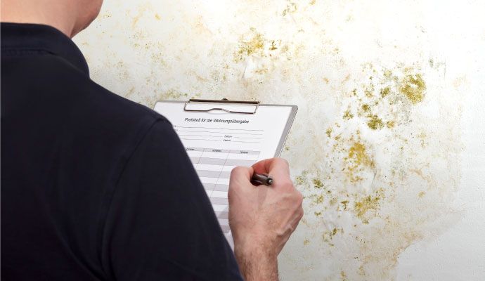 Professional mold inspection and reporting service Professional mold inspector checking wall mold and taking notes