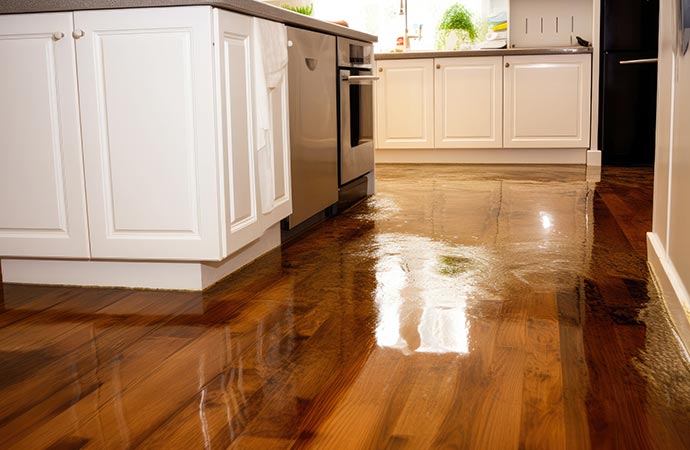 Overflowing water on the wood floor