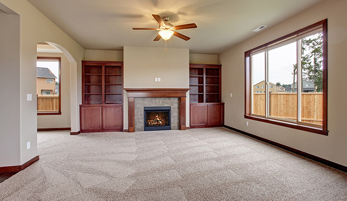 Clean living room with carpet and burning fireplace