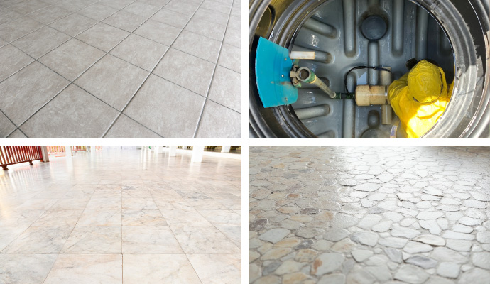 Collage of tile, marble, pebble floors and cistern cleaning