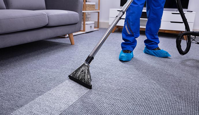 Technician steam cleaning grey living room carpet