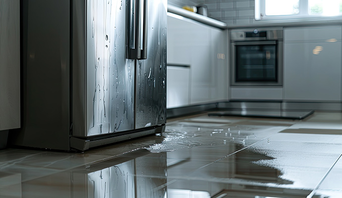 Refrigerator leaking water onto a kitchen floor