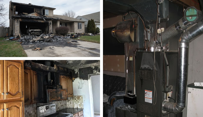 Collage of residential fire damage in garage, kitchen, and HVAC area
