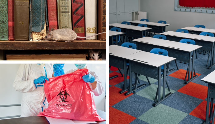 Collage showing rodent cleanup, biohazard handling, and classroom cleaning