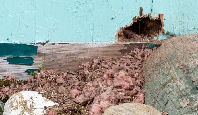 Rodent wall damage A hole chewed in a house wall by rodents, with insulation pulled out