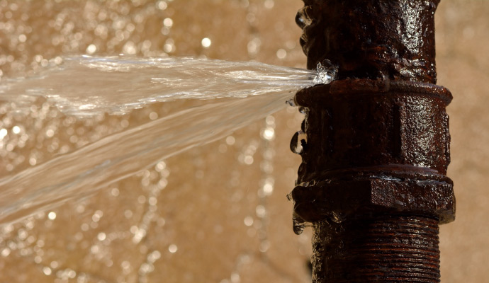 Rusty metal pipe spraying water from a burst leak