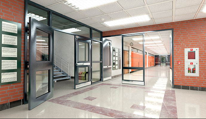 School building hallway and entrance interior