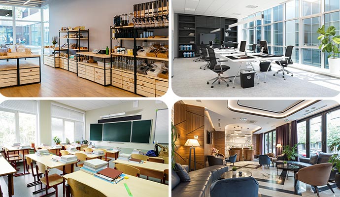 Collage of retail store, office, school and hotel reception