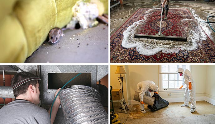 Collage of rodent infestation duct rug and biohazard cleanup