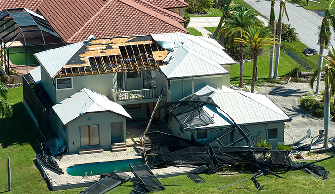 Hurricane damaged house roof