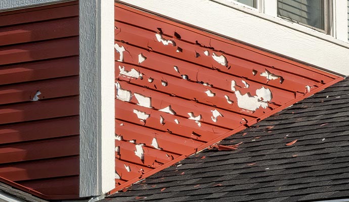 Severe impact damage on residential vinyl siding caused by a hail storm
