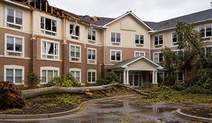 Storm damaged building with uprooted tree and destroyed roof