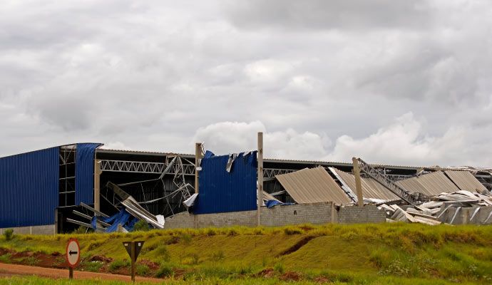 Commercial warehouse affected by heavy storm damage