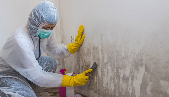 Technician in protective suit scraping mold from wall