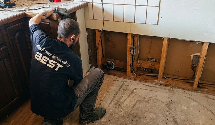 Technician repairing exposed kitchen wall framing