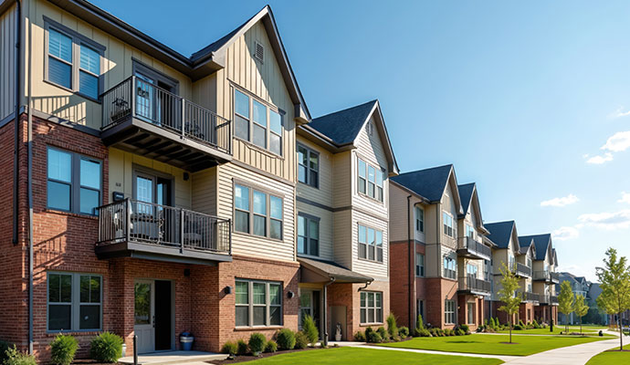Three story brick apartment buildings with balconies and green lawn