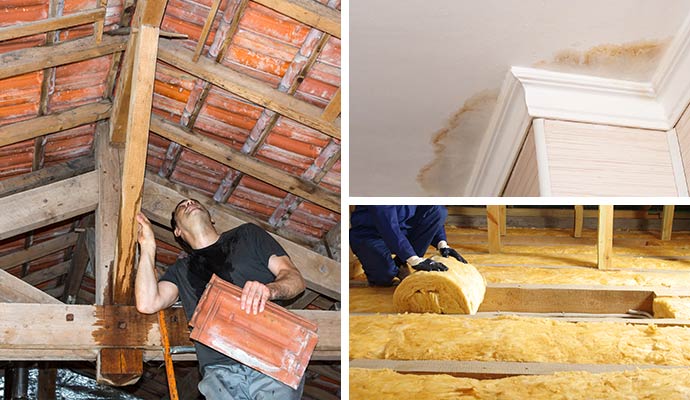 Collage of attic, ceiling, and insulation