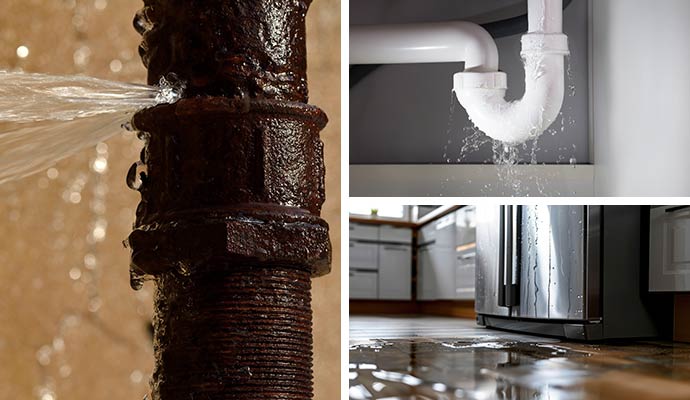 Collage of burst pipe, plumbing and appliance leak