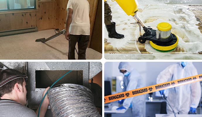Collage of carpet, rug, air-duct, and biohazard cleaning service