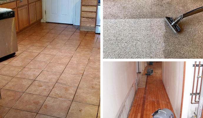 Collage of tiles, damaged carpet, and wood floor restoration