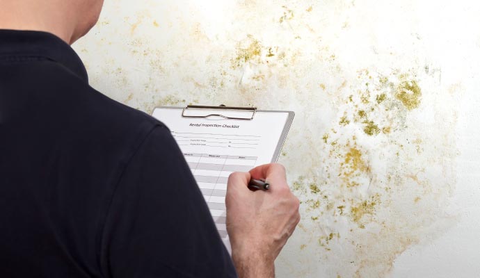 Expert inspecting mold growth on wall