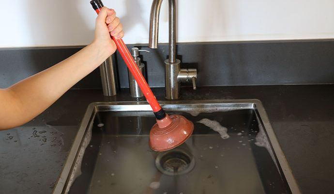 Kitchen sink overflow cleanup using plunger Plumber using a plunger to clear an overflow kitchen sink