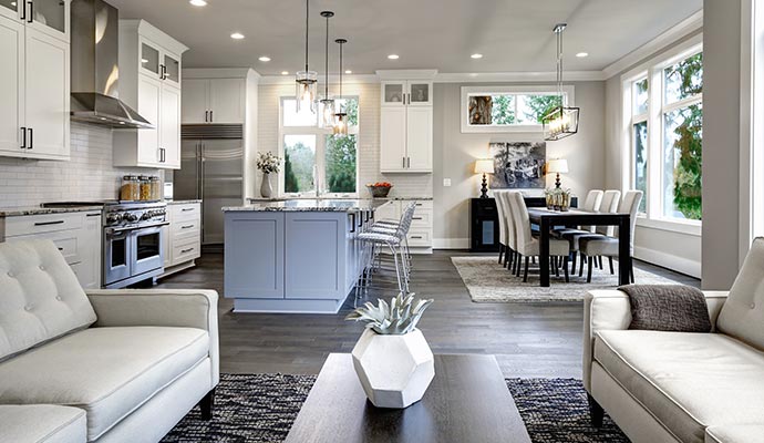 A modern open concept kitchen dining area