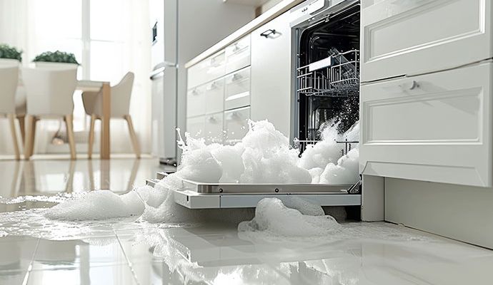 Dishwasher overflowing with excessive soap suds and water onto a shiny white kitchen floor