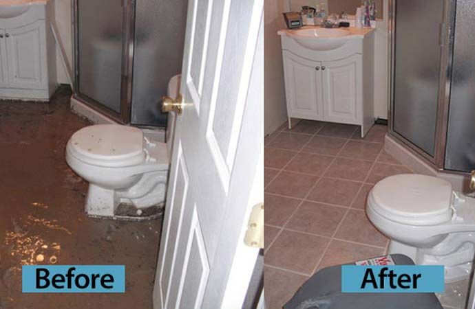 Before and after of toilet overflow cleanup