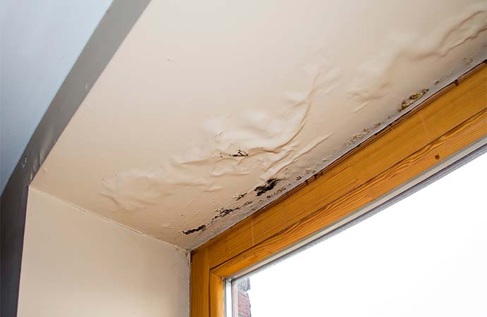 water damaged ceiling next to window