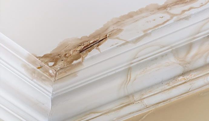 Water-damaged ceiling with visible brown stains