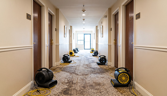 Emergency water extraction service in hotel corridors
